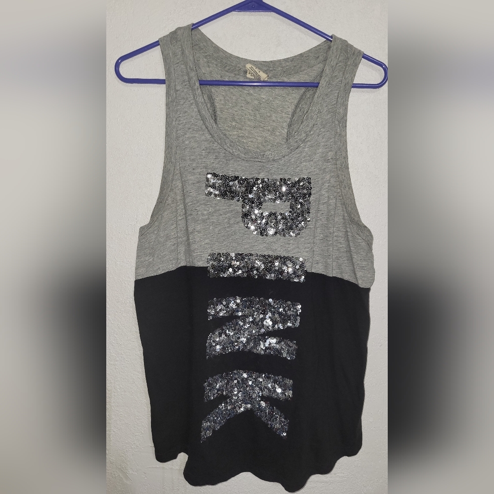 PINK Black and Grey Open Back Sequin Tank Top Medium